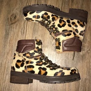 Pony Haired Leopard Print Hiking Boots